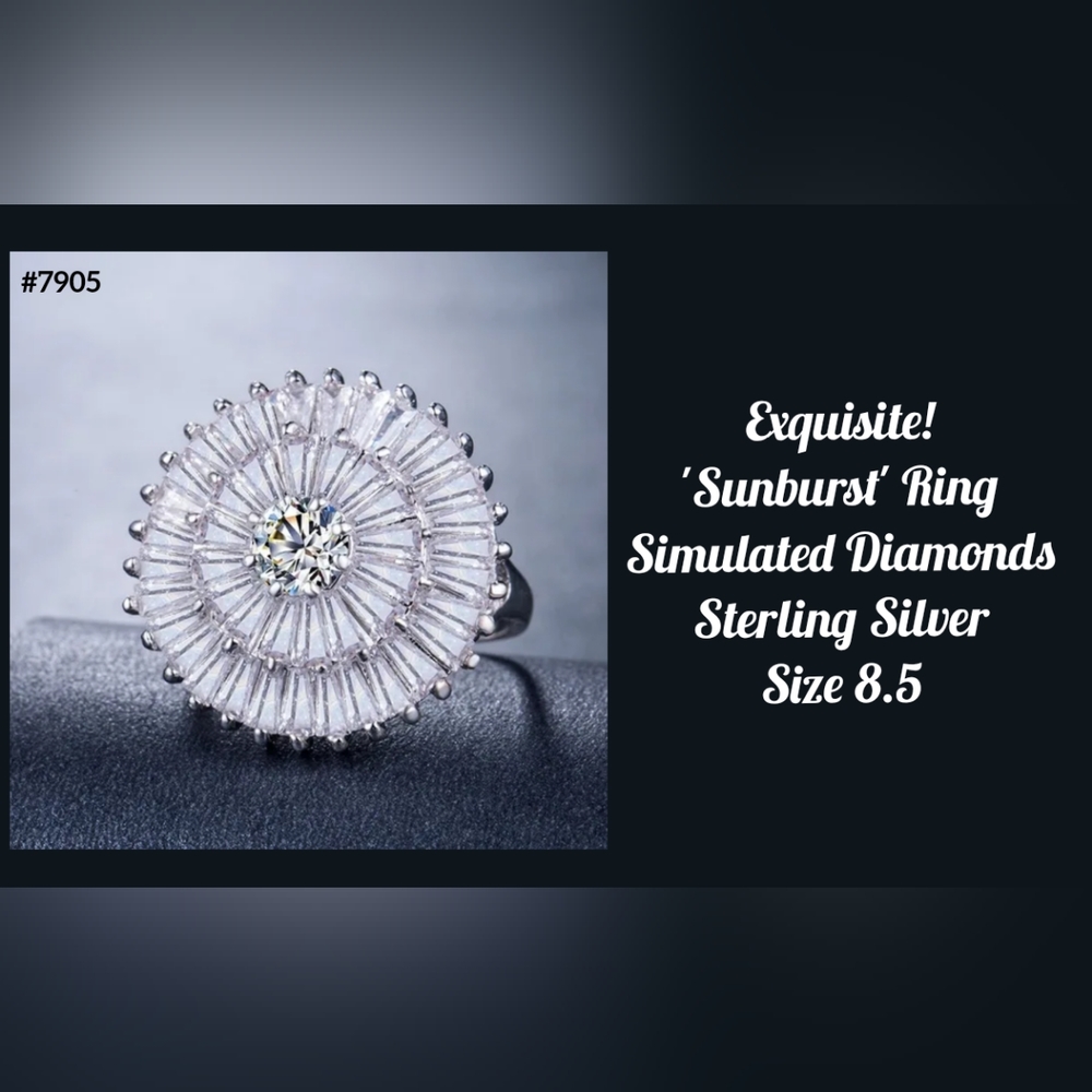 Stunning! Simulated diamonds 'sunburst' ring, 925 sts, Sz.8.5